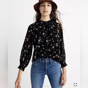 Madewell Black Floral Long-Sleeve Smocked Blouse